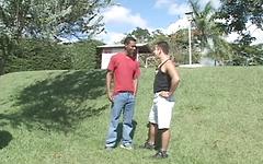 Latino hunk gets fucked by a big black cock in the grass join background