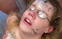 Hot brunette gets her glasses covered in jizz after blowbang - movie 3 - 7