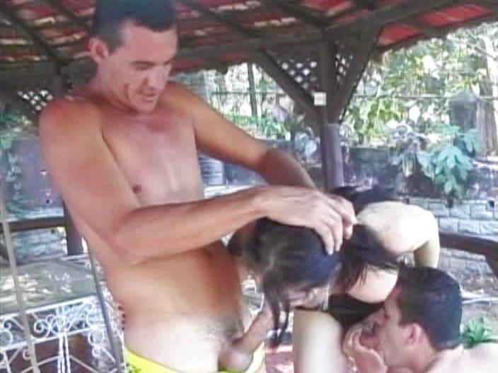 Latina Tranny Gets Fucked and Sucks Cock in a Threesome Outside still 2