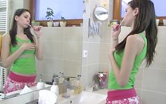 Watch Now - Horny brunette coed rubs her shaved pussy with a toothbrush
