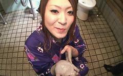 Asian Girl In Purple Robe Blows Guy In A Public Bathroom - movie 1 - 6