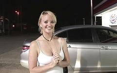 blonde coed with perky tits and a shaved pussy strips in a parking lot join background