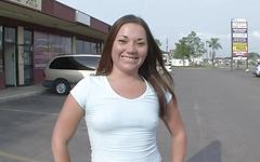 Brunette strips and shows off pussy in truck stop parking lot join background
