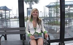 Petite blonde teen pulls up her skirt to play with her pussy - movie 1 - 3