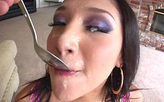 Vicki Chase uses silver spoon to lick up gag spit cum combo join background