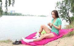 Watch Now - Teen hippie touches her hairy pussy to climax in the park 