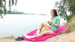 Teen hippie touches her hairy pussy to climax in the park  - movie 6 - 2