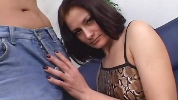 Brunette Babe Gets Cum On Her Face From Two Cocks After BJ