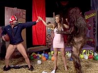 A jock and a hard cock in a bigfoot costume tag team a horny brunette - movie 5 - 2