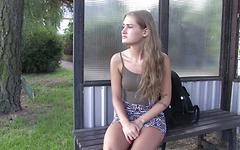 Tiffany uses a little pocket vibe to masturbate while waiting for the bus! join background