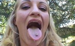 Pierced blonde Jasmine Lynn blowing and swallowing big cumshots outdoors join background