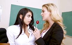 Cherie Deville rubs a cherry lollipop on Gina Valentina's ass then eats it - movie 1 - 2