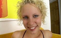 Freaky blonde with lip piercing slides her lips and tongue down your shaft - movie 10 - 2
