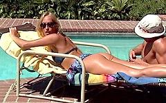 Watch Now - Oiled up for an afternoon of sun bathing this blonde gets drilled hard