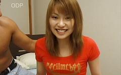 Japanese cum slut Konatsu Kurokawa uses her hairy eighteen year old slit join background