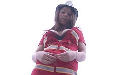 Beverly dresses up as a firefighter then gets fucked outdoors and fed cum - movie 1 - 2